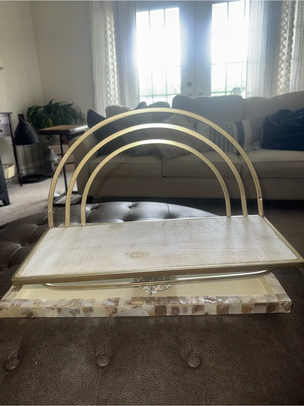 Gold Arch Tiered Tray with White Wood Shelf